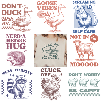 A collection of t-shirts with various colorful, bold typography designs.DTF Transfers