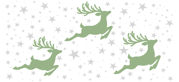 A whimsical illustration featuring three green reindeer prancing among scattered silver stars, perfect for festive decorations.UV Transfers dtf transfers