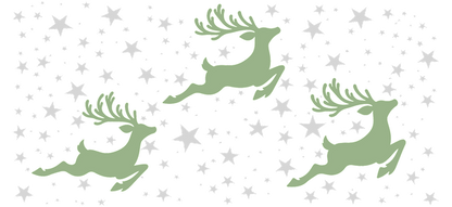 A whimsical illustration featuring three green reindeer prancing among scattered silver stars, perfect for festive decorations.UV Transfers dtf transfers