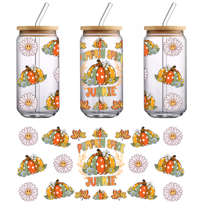 A vibrant fall-themed design featuring colorful pumpkins, cheerful daisies, and the phrase "Pumpkin Spice Junkie," perfect for autumn lovers.UV Transfers heat press transfers