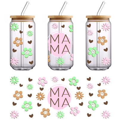 A cheerful and colorful design featuring flowers and hearts, centered around the word "MAMA" in a playful font.UV Transfers dtf transfers