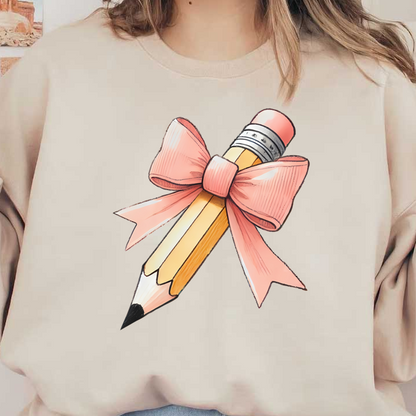 A cute pencil adorned with a pink bow, adding a charming touch to a classic stationery item.DTF Transfers