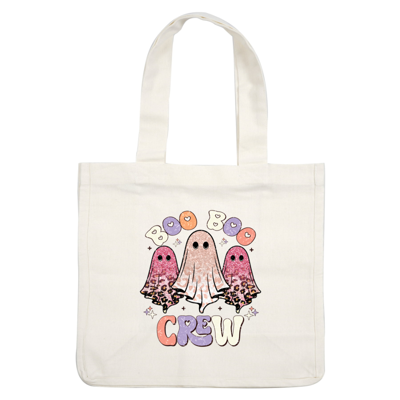 Cheerful graphic featuring three glittery, colorful ghosts with the playful text "Boo Boo Crew," perfect for Halloween vibes!dtf regular iron