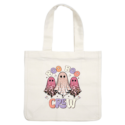 Cheerful graphic featuring three glittery, colorful ghosts with the playful text "Boo Boo Crew," perfect for Halloween vibes!dtf regular iron