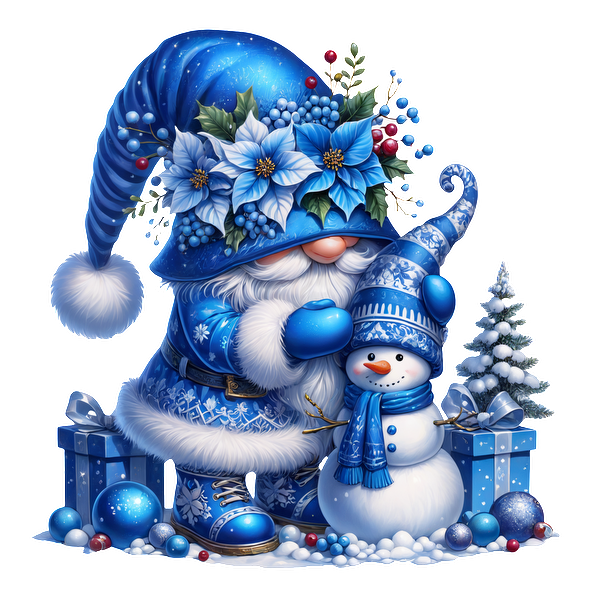 A whimsical Santa in blue attire shares a moment with a cheerful snowman amidst festive decorations and gifts.DTF Transfers dtf transfers