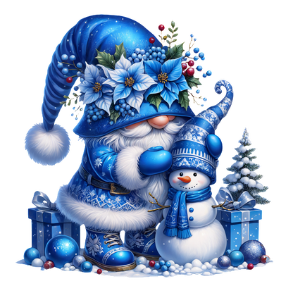 A whimsical Santa in blue attire shares a moment with a cheerful snowman amidst festive decorations and gifts.DTF Transfers dtf transfers