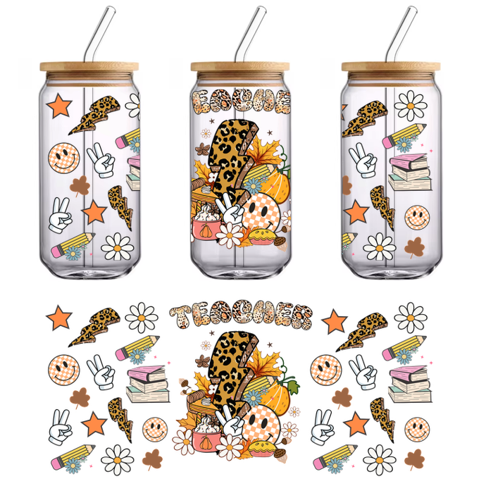 Ilustración colorida y divertida que celebra a los maestros, con estampado de leopardo, libros, hojas de otoño e íconos alegres como símbolos de la paz y flores. Transferencias UV