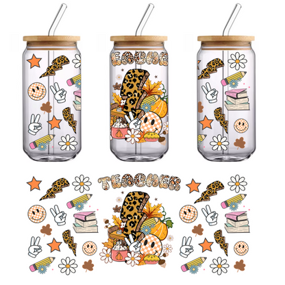 Ilustración colorida y divertida que celebra a los maestros, con estampado de leopardo, libros, hojas de otoño e íconos alegres como símbolos de la paz y flores. Transferencias UV