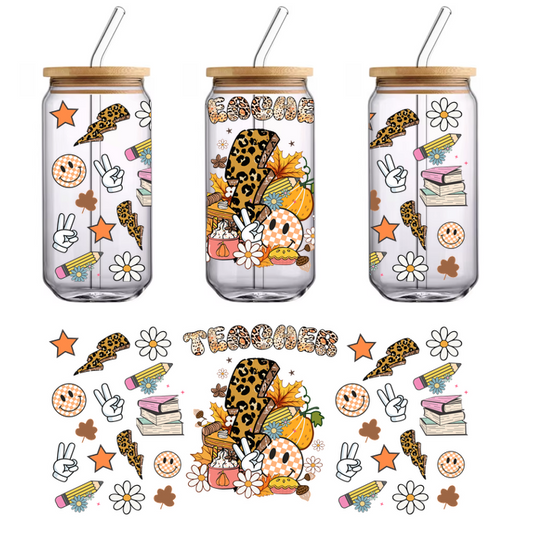 Ilustración colorida y divertida que celebra a los maestros, con estampado de leopardo, libros, hojas de otoño e íconos alegres como símbolos de la paz y flores. Transferencias UV