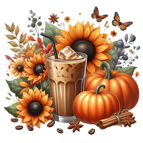 Un refrescante café helado rodeado de hojas otoñales, girasoles y calabazas, perfecto para la temporada de otoño.