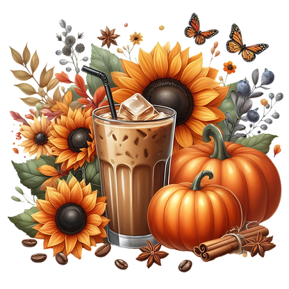 Un refrescante café helado rodeado de hojas otoñales, girasoles y calabazas, perfecto para la temporada de otoño.