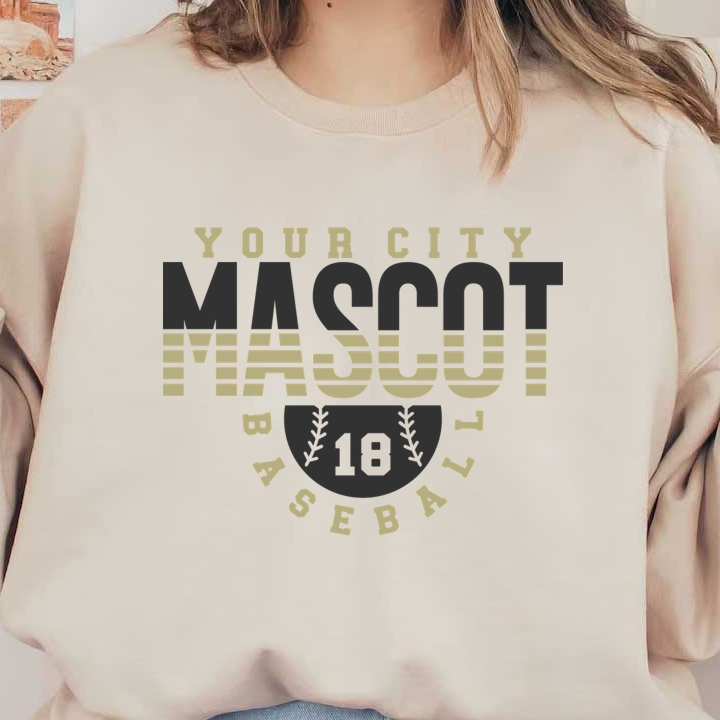 A stylish baseball-themed graphic featuring "YOUR CITY MASCOT" and "BASEBALL 18" with a baseball design.DTF Transfersdtf regular iron