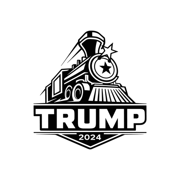 Un logotipo negro llamativo que presenta un tren de vapor con la leyenda "TRUMP 2024" destacada, que simboliza un tema de campaña.