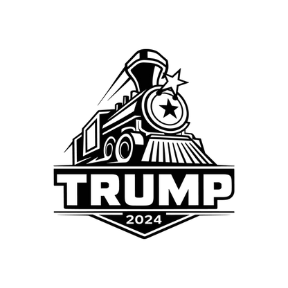 Un logotipo negro llamativo que presenta un tren de vapor con la leyenda "TRUMP 2024" destacada, que simboliza un tema de campaña.