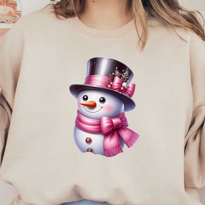 A cheerful snowman adorned with a pink scarf and a decorative top hat, featuring festive accents for a joyful winter vibe. dtf transfers