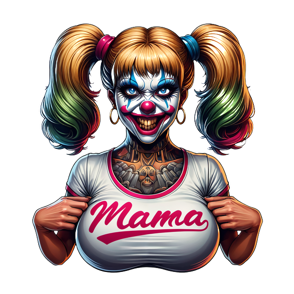 Una mujer payaso colorida y tatuada sonríe mientras viste una camiseta con la palabra "Mamá", mostrando su estilo juguetón y vanguardista.