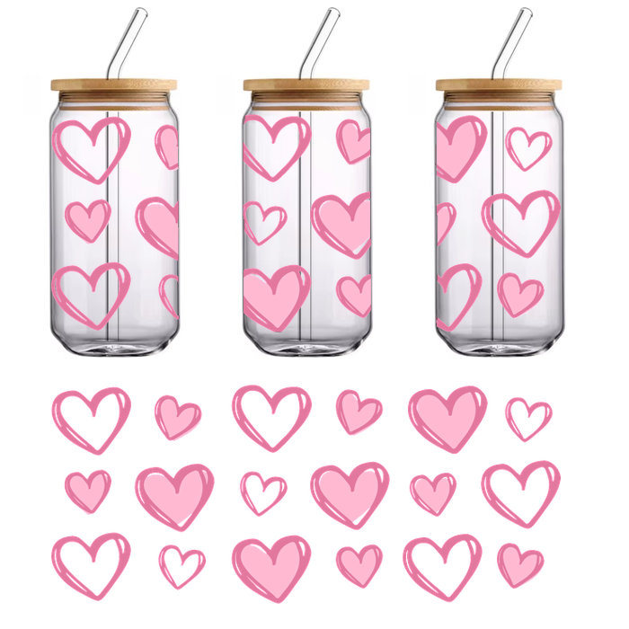 A playful assortment of pink hearts in various sizes and styles, perfect for adding a touch of love to any design.UV Transfersdtf regular iron