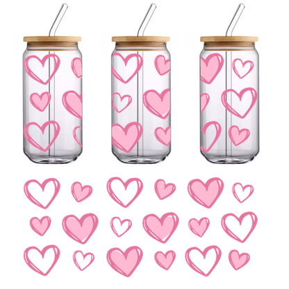 A playful assortment of pink hearts in various sizes and styles, perfect for adding a touch of love to any design.UV Transfersdtf regular iron