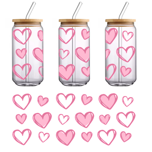 A playful assortment of pink hearts in various sizes and styles, perfect for adding a touch of love to any design.UV Transfersdtf regular iron