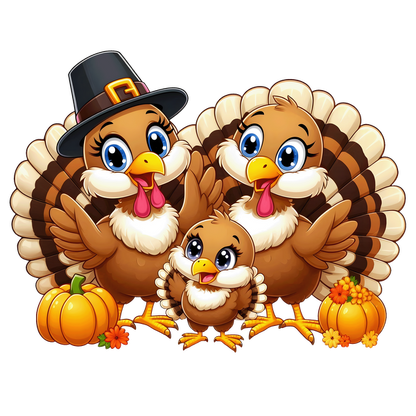 A charming trio of cartoon turkeys, adorned with a pilgrim hat, surrounded by pumpkins and autumn flowers, celebrating Thanksgiving. dtf prints