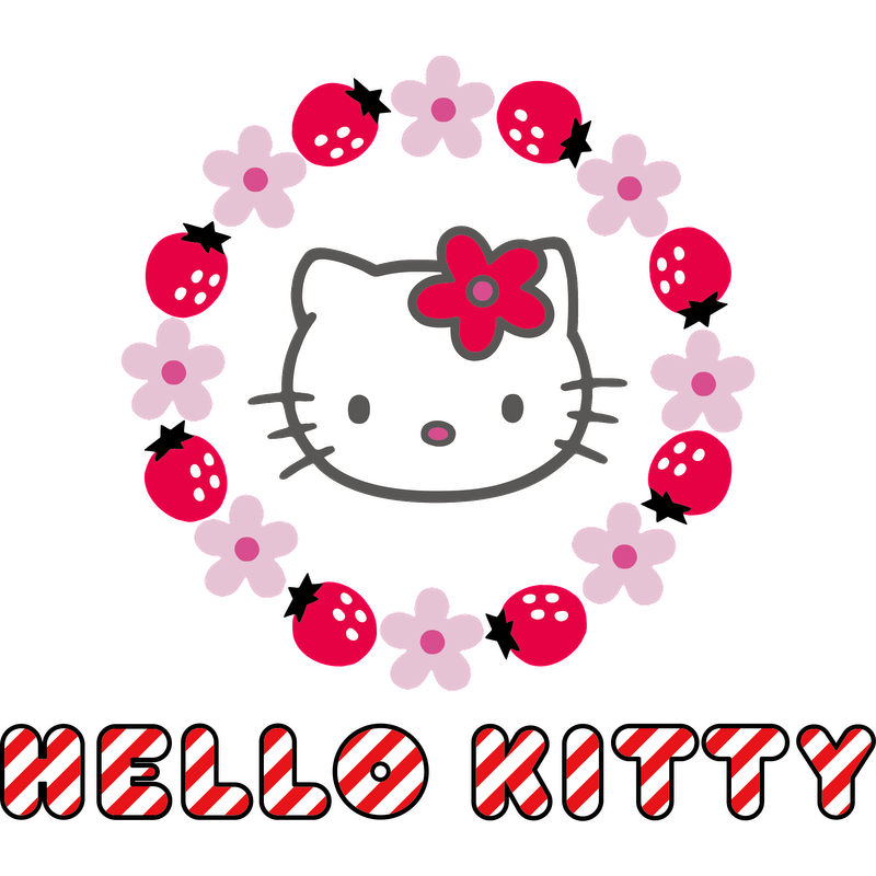 Bright and cheerful Hello Kitty logo surrounded by flowers and strawberries, perfect for fans of this iconic character!DTF Transfers