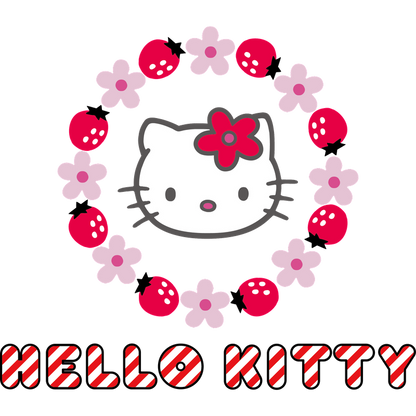 Bright and cheerful Hello Kitty logo surrounded by flowers and strawberries, perfect for fans of this iconic character!DTF Transfers