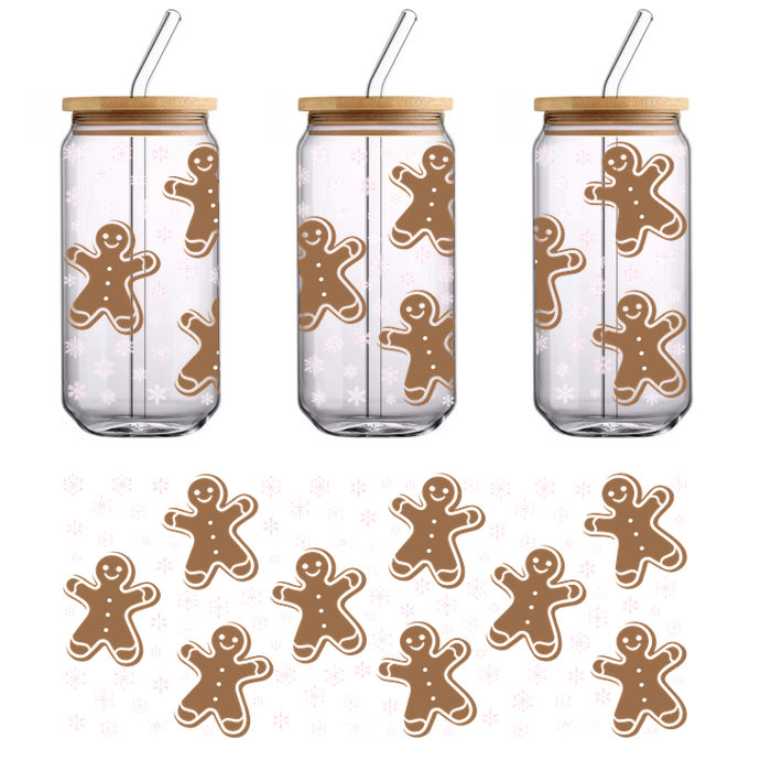 A cheerful pattern of gingerbread men, embellished with white snowflakes, perfect for festive decorations or holiday-themed designs.UV Transfersdtf regular iron