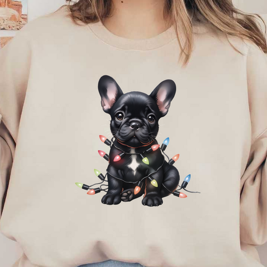 ¡Un lindo bulldog francés negro rodeado de coloridas luces navideñas, listo para alegrar la temporada festiva!