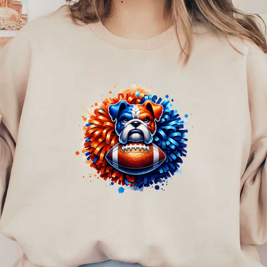 A vibrant illustration of a bulldog surrounded by colorful pom-poms, holding a decorative football, perfect for sports fans.DTF Transfers dtf transfers