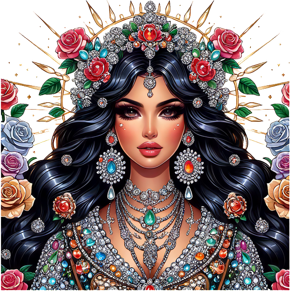 Una impresionante ilustración de una mujer adornada con rosas vibrantes y joyas intrincadas, que irradia elegancia y belleza.