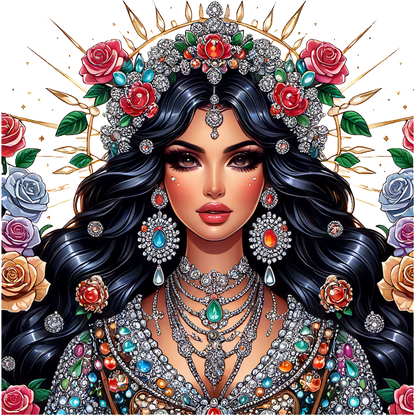 Una impresionante ilustración de una mujer adornada con rosas vibrantes y joyas intrincadas, que irradia elegancia y belleza.