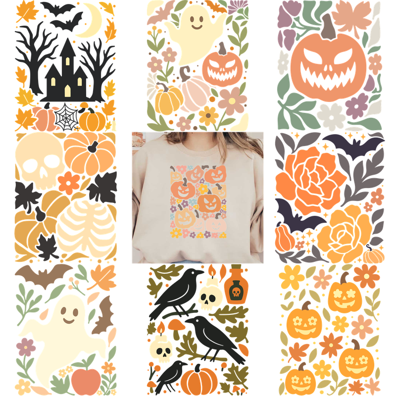 A cozy sweatshirt featuring playful Halloween-themed designs and vibrant floral patterns.DTF Transfers