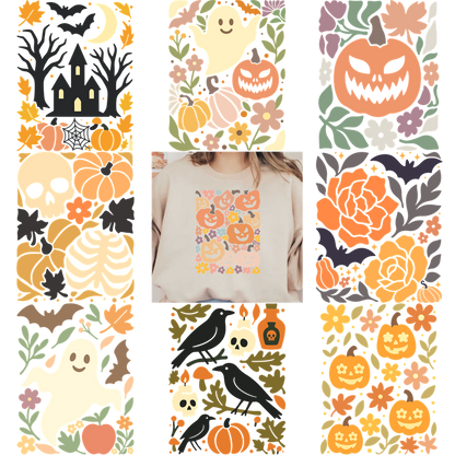 A cozy sweatshirt featuring playful Halloween-themed designs and vibrant floral patterns.DTF Transfers