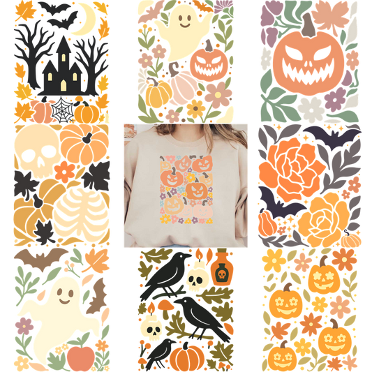 A cozy sweatshirt featuring playful Halloween-themed designs and vibrant floral patterns.DTF Transfers
