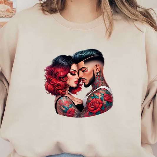 A vibrant tattoo art piece featuring a couple in a passionate embrace, showcasing intricate floral tattoos and stylish hairstyles.DTF Transfersdtf regular iron