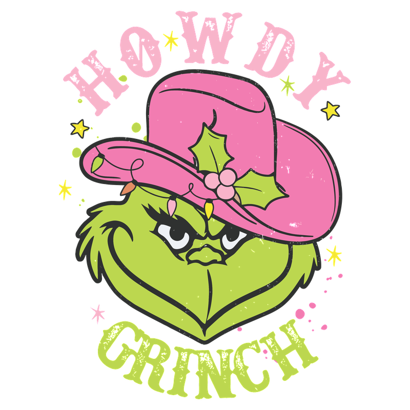 A quirky design featuring the Grinch in a bright pink cowboy hat, complete with festive holly and playful lettering.DTF Transfersdtf regular iron