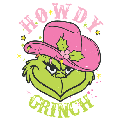 A quirky design featuring the Grinch in a bright pink cowboy hat, complete with festive holly and playful lettering.DTF Transfersdtf regular iron