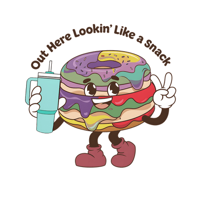 A cheerful, colorful cartoon donut holding a drink and striking a pose, surrounded by the playful phrase "Out Here Lookin' Like a Snack."DTF Transfers