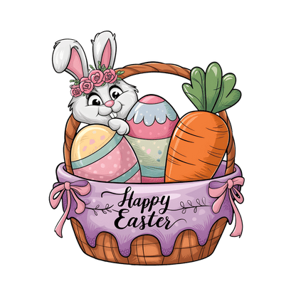 A cheerful Easter basket featuring a cute bunny, colorful eggs, and a bright carrot, adorned with a “Happy Easter” ribbon.DTF Transfers