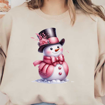 Adorned in a pink scarf and hat, this cheerful snowman features floral accents and a bright orange carrot nose. dtf transfers