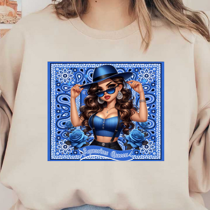 Un personaje elegante con un traje azul, gafas de sol y un sombrero, rodeado de rosas azules y diseños intrincados.