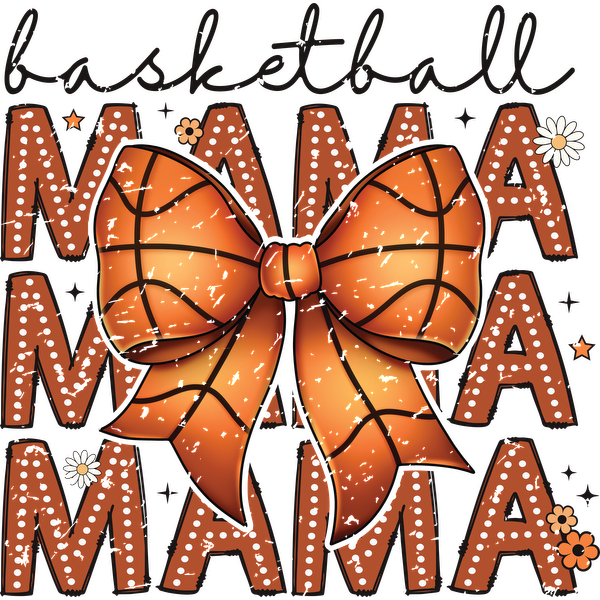 A fun and vibrant graphic featuring a basketball-themed bow and the word "Mama," perfect for proud basketball moms! dtf transfers