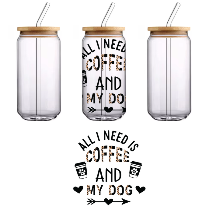 A playful graphic design featuring the phrase "All I need is coffee and pizza," complemented by coffee cup illustrations and hearts.UV Transfers heat press transfers