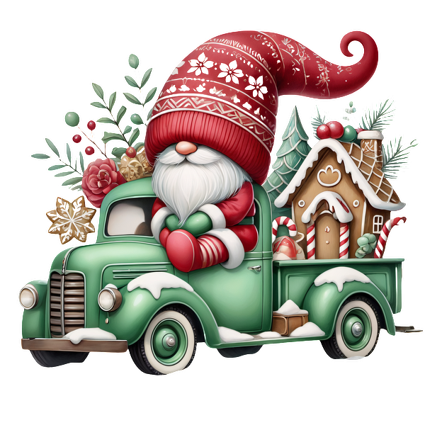 A whimsical green truck adorned with a cheerful Santa, festive greenery, and a gingerbread house, perfect for holiday decor.DTF Transfers dtf transfers