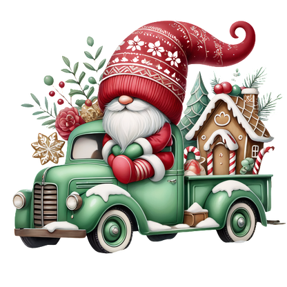 A whimsical green truck adorned with a cheerful Santa, festive greenery, and a gingerbread house, perfect for holiday decor.DTF Transfers dtf transfers