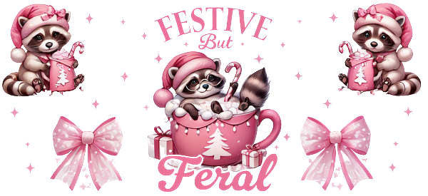 A cute and festive design featuring adorable raccoons in pink hats, a cozy cup, and cheerful bows, perfect for holiday cheer!UV Transfers dtf transfers