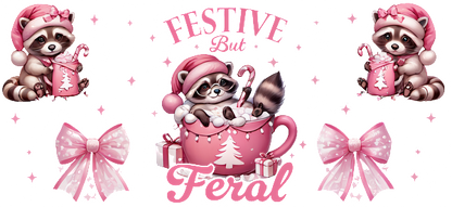 A cute and festive design featuring adorable raccoons in pink hats, a cozy cup, and cheerful bows, perfect for holiday cheer!UV Transfers dtf transfers