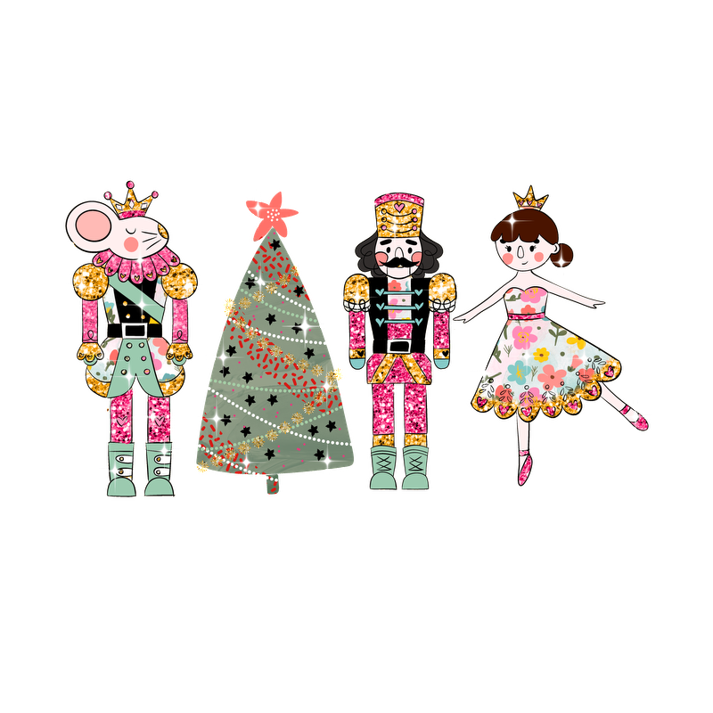 A whimsical holiday scene featuring a pink mouse, two nutcracker figures, and a dancing girl beside a decorated Christmas tree.DTF Transfersdtf regular iron