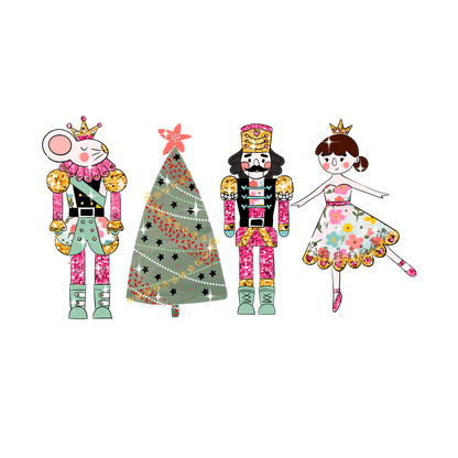 A whimsical holiday scene featuring a pink mouse, two nutcracker figures, and a dancing girl beside a decorated Christmas tree.DTF Transfersdtf regular iron