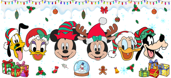 Celebrate the holiday spirit with this festive illustration featuring beloved Disney characters wearing fun Christmas hats and surrounded by presents!UV Transfersdtf regular iron